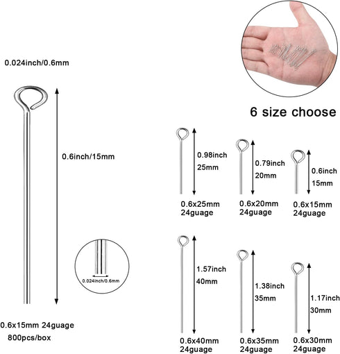 304 Stainless-Steel Eye Pins for Jewelry Making Silver Head Pins 24 Gauge 0.6x15mm 800pcs/Box Open Eye Pins for DIY Making Earring Necklace Bracel...