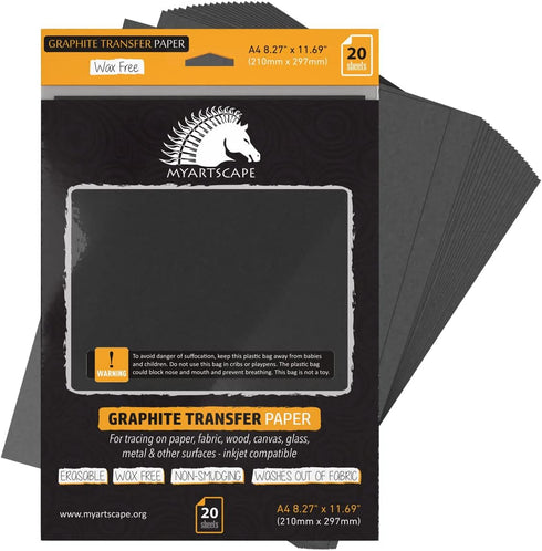 MyArtscape Graphite Transfer Paper, 20 Black Sheets - Wax Free - Erasable - Smudge-free - Ideal for Drawing, Tracing and Watercolor Transfer - Pre...