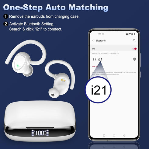 Wireless Earbud, 48Hrs Bluetooth 5.3 Headphones Over Ear IP7 Waterproof, Sports Wireless Earphones in Ear with Dual LED Display, Stereo Bass Over ...