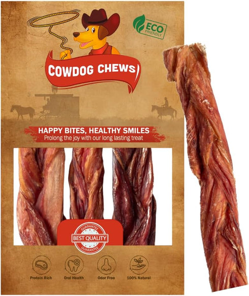 Beef Braided Sticks Dog Treats 5-7" (3 Pack) - Odor-Free, All Natural Digestible Dog Chews for all sized Dogs....