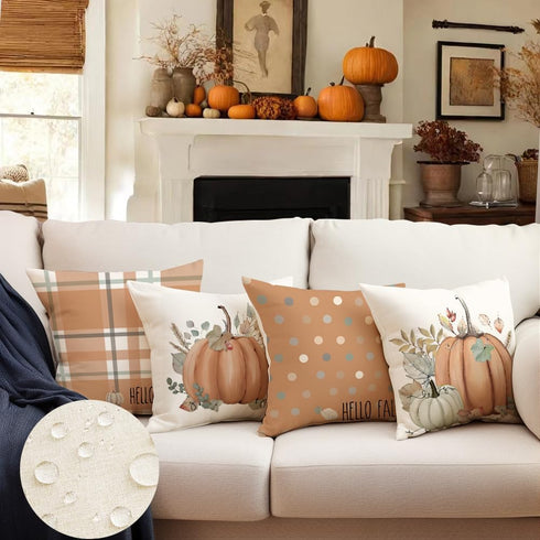 RABUSOFA Outdoor Fall Decor Pillow Covers 18x18 Inch,Waterproof Polka Dots Pumpkin Pillow Cases Set of 4,Thanksgiving Decorative Striped Buffalo P...