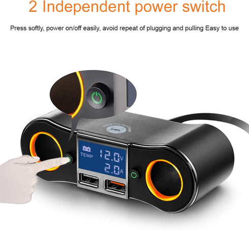 Dual USB Quick Charge QC3.0 Car Charger Adapter 2-Socket Cigarette Lighter Adapter with LED Voltmeter Suitable for Mobile Phones, car DVR, Navigat...