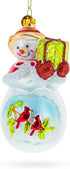 Snowman with Red Cardinals Holding a Gift Blown Glass Christmas Ornament...