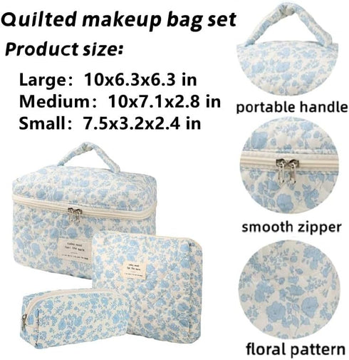 3 Pcs Cotton Quilted Makeup Bag Set,Floral Makeup Bag,Cute Makeup Bag,Travel Makeup Bag,Large Toiletry Cosmetic Bag Makeup Bag Organizer for Women...