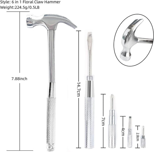 6 in 1 Multifunctional Tool Set with Slotted/Flat Head Phillips Screwdriver and Nut Drivers Garden Tool Nail Puller Hammer Best Gift for Birthday ...