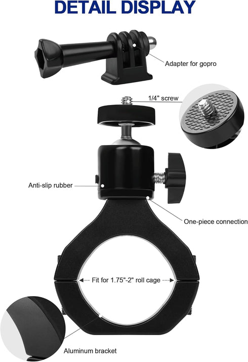 UTV Camera Mount for GoPro & More, Aluminum Bracket Fits 1.75"-2" Roll Cage on Polaris RZR, 360° Rotation UTV Camera Holder Compatible with Insta3...