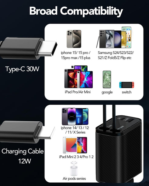 HATALKIN Retractable Car Charger 4 in 1, 69W Fast Car Phone Charger, 2 Retractable Cables and USB C Car Charger, Car Charger Adapter for iPhone 16...