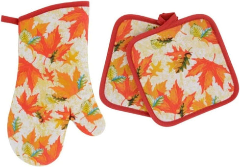 Combined Fall Kitchen Pot Holder and Mitt - Autumn Oven Mitt and Pot Holder Set - Maple Leaves -3 Items...