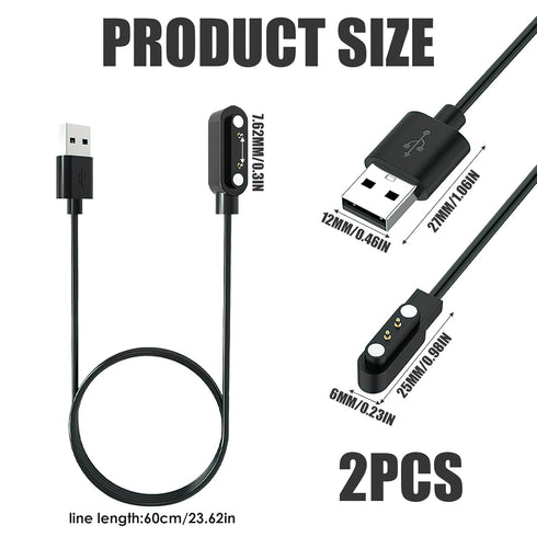 2-Pack Kids Smart Watch Magnetic Charger, 7.62mm 2Pin 2ft/60cm 5V 1A USB-A, Universal Charger Cable Replacement Compatible for Smart Watches with ...