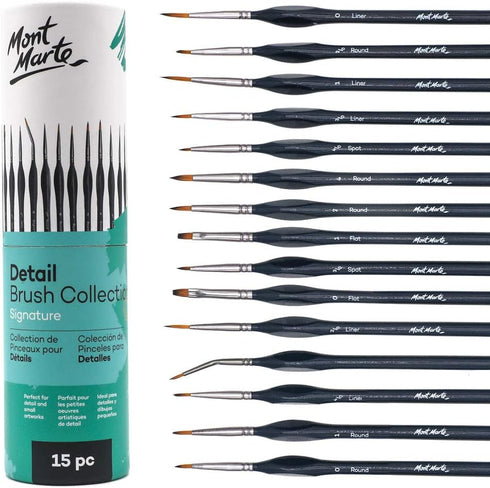 Mont Marte Signature Detail Brush Collection, 15 Piece, Taklon Bristles, Suitable for Acrylic, Oil, Watercolor and Gouache Paints, Includes Storag...