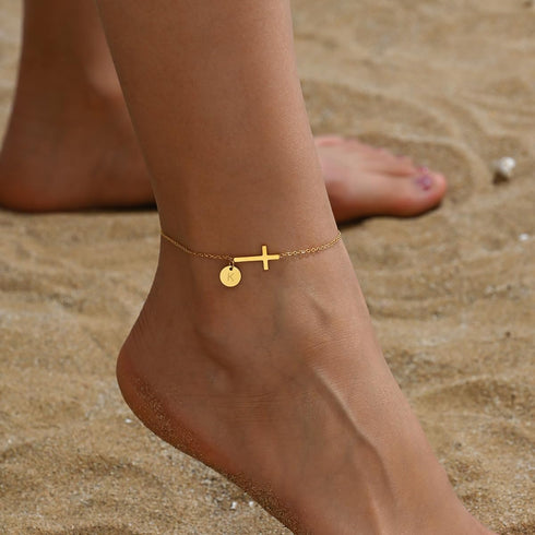 Gold Initial Ankle Bracelets for Women Dainty Waterproof Gold Cross Chain Anklet Personalized A-Z Coin Disc Letter Ankle Bracelet Summer Beach Jew...