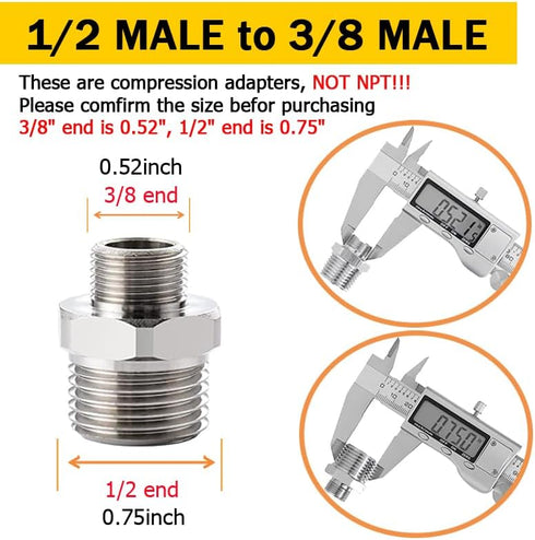 Faucet Supply Hose Adapter 3/8 Male to 1/2 Male Water Line Adapter 304 Stainless Steel Compression Fittings for RV Kitchen Plumbing 3/8 to 1/2(O.D...