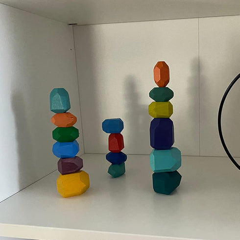 16 Pcs Wooden Stacking Blocks Rocks Building Toys, Colored Solid Wood Stones Pre-School Educational Games Creative Toys for Kids Toddlers...