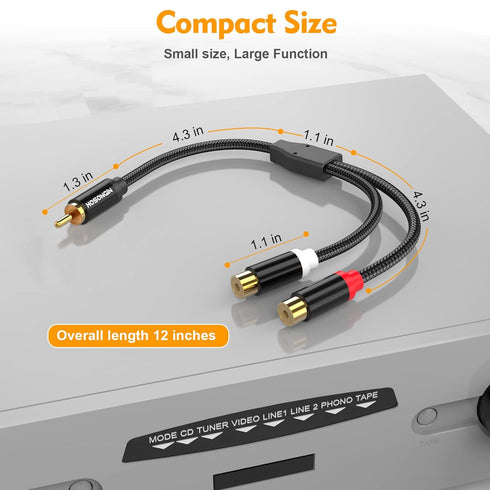 HOSONGIN 1ft RCA Splitter 1 Male to 2 Female Y Adapter 2 Pack, Short RCA Audio Speaker Splitter Cable, Double Shielding Black Nylon Braided Cable ...