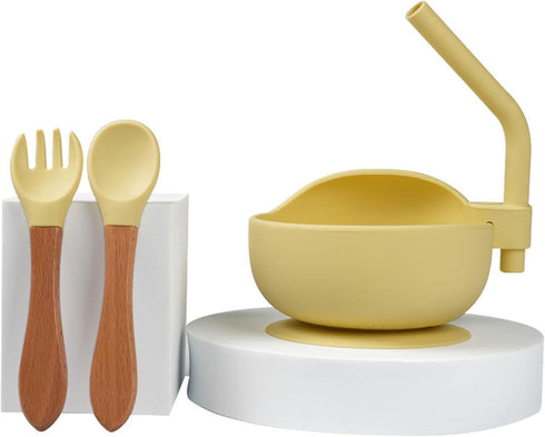 Toddler Suction Bowl Set with Spoon and Spork Food Grade Silicone GIFT for Early Eating Stages of Life (YELLOW)...