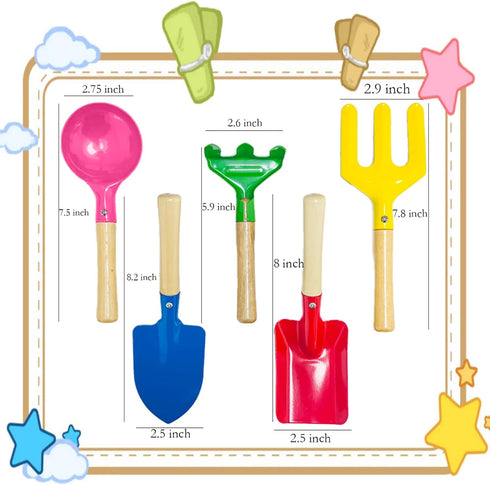 Kids Gardening Tools Set, 5PCS Gardening Tools for Kids Metal with Sturdy Wooden Handle Safe Gardening Tools 8" Children Beach Sandbox Toy...