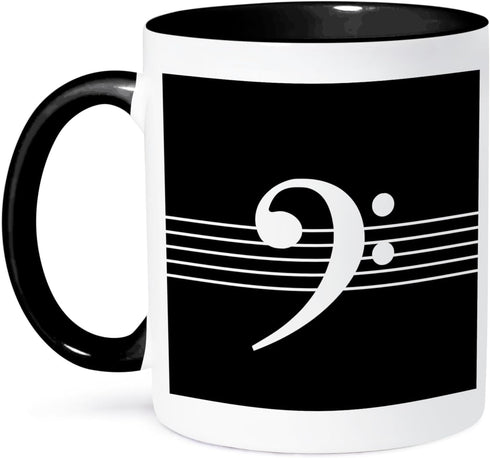 3dRose mug_232122_4 Black Bass clef F-clef on musical staves staff - music musician gift - Two Tone Black Mug, 11oz...