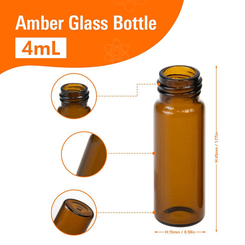 20 PCS 4ML (1 dram) Amber Small Liquid Sample Glass Vials with Screw Caps, 15mmx 45mm Leak-Proof Vial, 13-425 Black Screw Cap with PE Liners for L...