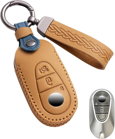 for Mercedes Benz Key Fob Cover Leather Car Key Case Keychain Fob Holder Compatible for Mercedes Benz E-Class G-Class S-Class 2020-2024 (Brown)...