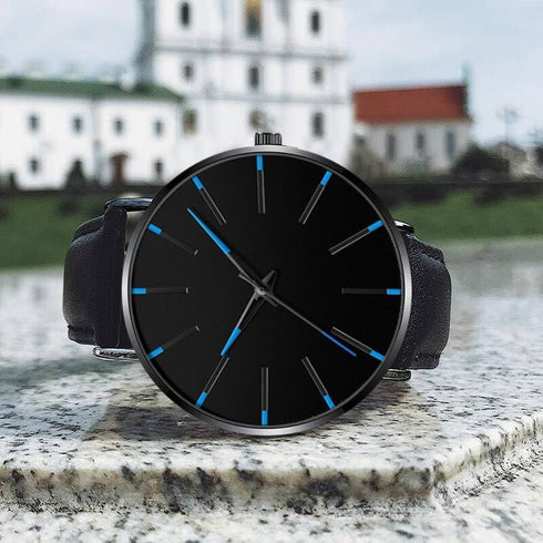 Mens Watches Minimalist Black Business Simple Casual Leather Quartz Watches for Men Blue Pointer...