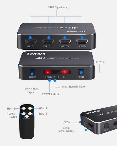 4K HDR HDMI Switch, Koopman 4 Ports 4K 60Hz HDMI 2.0 Switcher Selector with IR Wireless Remote, Supports UltraHD Dolby Vision, High Speed(Max to 1...