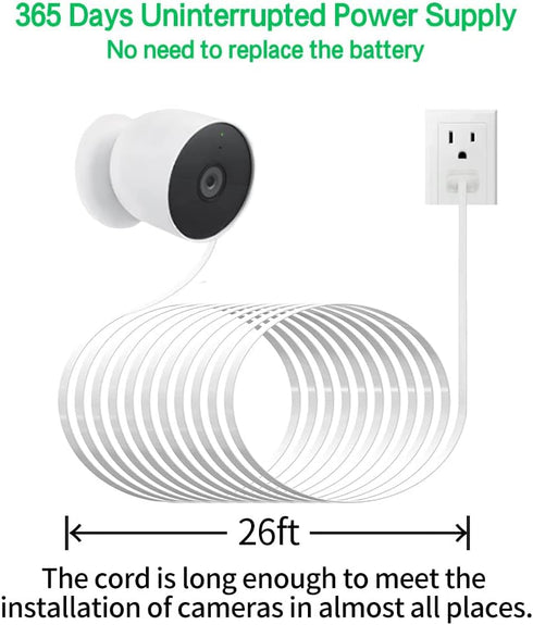 26FT 1 Pack Power Adapter and Cable for Google Nest Cam (Battery) Outdoor or Indoor, Weatherproof Charging Power Cord and Charger for Nest Camera ...