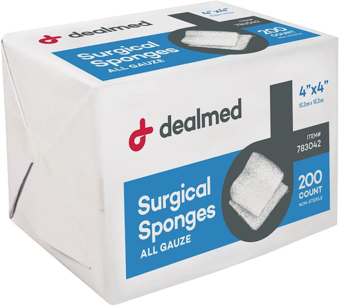 Dealmed 4" x 4" Surgical Sponges, 8-Ply, Non-Woven Absorbent Gauze Sponges for Wound Care, First Aid Kits and Medical Facilities, 200 Count (Pack ...
