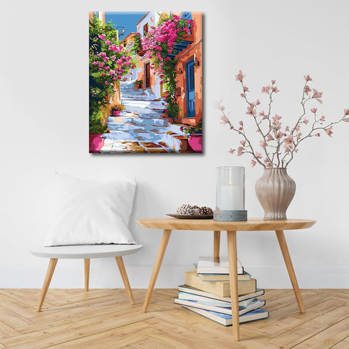 Mediterranean Town Scenery Paint by Numbers Kit for Adults, Street Filled with Colorful Flowers DIY Paint by Numbers, Watercolor Natural Landscape...