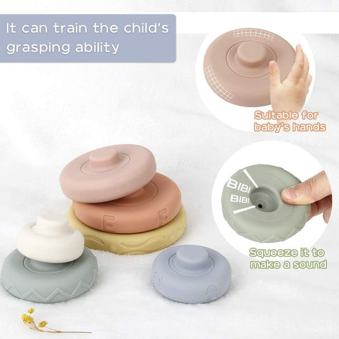 BOBXIN Stacking & Nesting Rings Toy, Soft Circle Stacker, 6 pcs Building Stacker,Teethers for Baby, Squeeze Play with letter, Animal and Graphic, ...