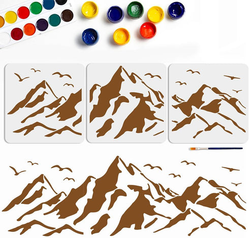 3pcs Mountain Stencil 33×10.9inch Splicing Style Mountain Bird Template with Paint Brush Reusable Mountains Landscape Stencil for DIY Wall Art Fur...