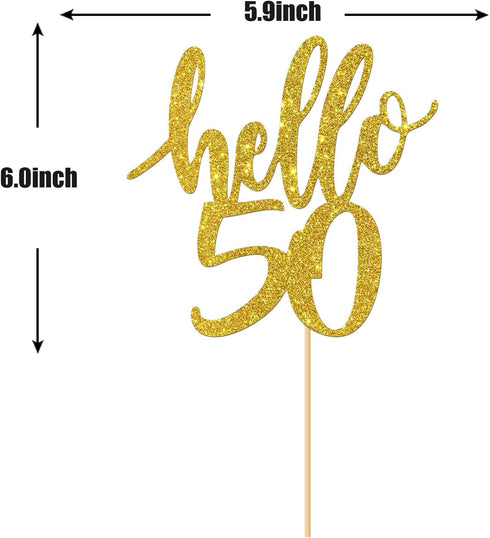 Hello 50 Cake Topper - 50th Birthday / 50th Anniversary Party Cake Decoration, 50th Birthday / 50th Anniversary Party Decorations Supplies (Gold, ...