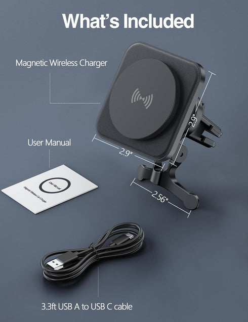 for MagSafe Car Mount Charger - 15W Wireless Magnetic Car Charger Holder for iPhone 15/14/13/12 Series, Air Vent, Stable, Strong Magnets, Vegan Le...