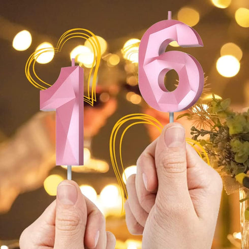 Number Birthday Candles(2 Candle Pink) 3D Diamond Shape 2nd Happy Birthday Cake Topper Decorations for Girl Women Birthday Wedding Anniversary Cel...