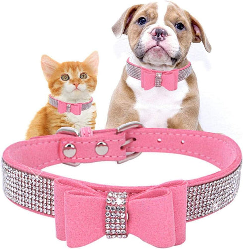 Rhinestones Bowknot Pet Dog Collar Adjustable Sparkly Crystal Studded Velvet Collar for Puppy Small Medium Large Pet,Pink,XS:(Neck 8-10.6")...