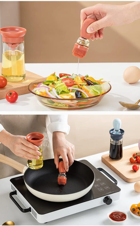 Oil Dispenser with Brush - 2 Pack 180ml Glass Olive Oil Dispenser Bottle with Basting Brush for Cooking Frying Baking Kitchen, T-OB21 Grey...