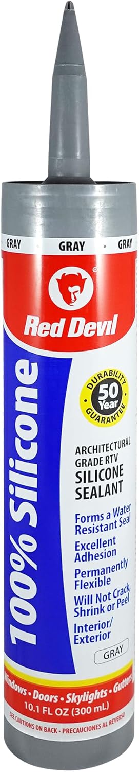 Red Devil 081650 100% Silicone Architectural Grade RTV Sealant, A Water-Resistant Adhesive for Interior and Exterior Use, 2.8 oz. Tube, Gray, 1-Pa...