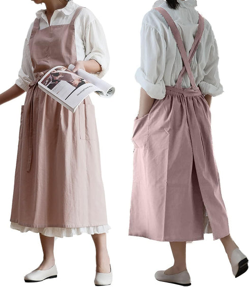 Cotton Pleated Apron Retro Waterdrop Proof Garden Cleaning Pinafore Dress...