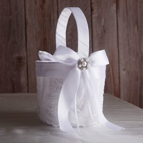 TRUE LOVE GIFT Ring Bearer Pillow and Wedding Flower Girl Basket Set Pearl Rhinestones White Satin Lace Collection...