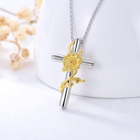 Sunflower Rose Flower Cross Cremation Jewelry 925 Sterling Silver Urn Necklace Keepsake Ashes Hair Memorial Pendant Always in My Heart Locket for ...