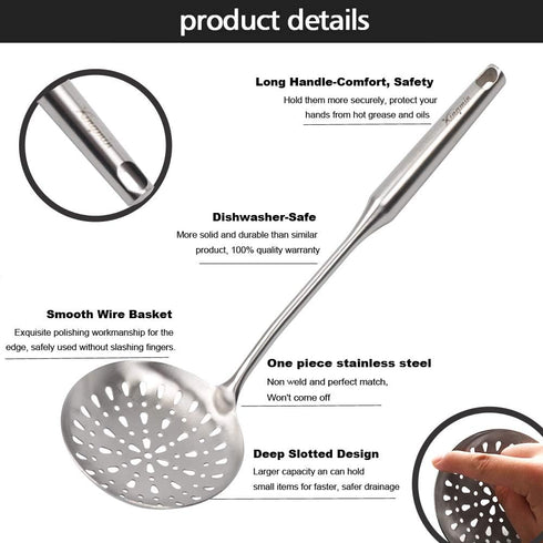 Slotted Spoon Stainless Steel For Cooking Deep Frying Metal Skimmer Spider Strainer Ladle Heavy Duty Professional Long Handle...