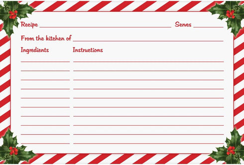 50 Double-Sided 4x6 Recipe Cards with Red Stripe and Christmas Holly Design - Perfect for Christmas Recipes...