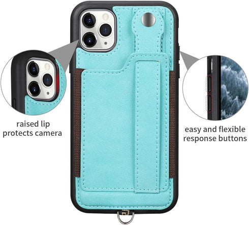 TOOVREN Phone Case for iPhone 11 Pro Wallet Case Lanyard Neck Strap with Kickstand Leather Card Holder Adjustable Detachable Necklace, Phone Prote...