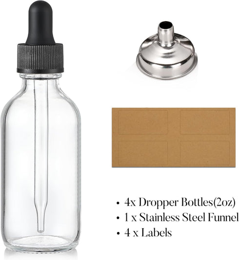 AOZITA 4 Pcs, 2 oz Clear Eye Dropper Bottles with 1 Stainless Steel Funnels & 4 Labels - Black Caps 60ml Thick Glass Tincture Bottles - Leakproof ...