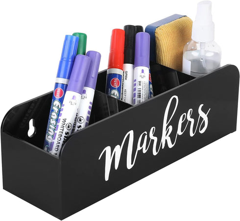MyGift Whiteboard Marker Holder, Black Acrylic Wall Mounted or Tabletop Dry Erase Marker/Eraser/Cleaner Caddy with Cursive MARKERS Label...