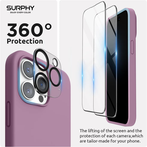 SURPHY (4 in 1 Designed for iPhone 14 Pro Case (6.1 inch, 2022), with 2 Pack Screen Protector + Camera Cover, Liquid Silicone Phone Case (Lilac Pu...