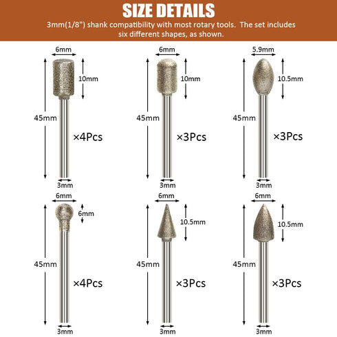Diamond Drill Grinding Bit Set, Stone Carving Rotary Tools Polishing Kits Diamond-Coated with 1/8-inch Shank Universal Fitment for Stone Glass Cer...