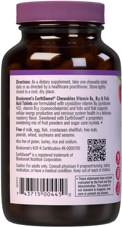 Bluebonnet Nutrition Earth Sweet Vitamin B6, B12, Plus Folic Acid Chewable Tablets, Vegan, Vegetarian, Gluten Free, Soy Free, Milk Free, Kosher, 6...