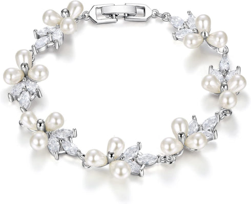 EVER FAITH Women's CZ Simulated Pearl Bridal Wedding Flower Leaf Filigree Stunning Tennis Bracelet...