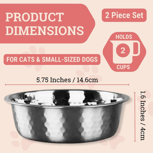 2pcs Stainless Steel Dog Bowls, Hammered Thickened Metal Dog Bowl Feeding or Water Bowls for Small/Medium/Large Sized Dogs & Cats Stackable Metal ...
