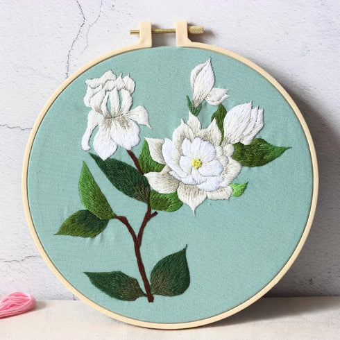 Stamped Embroidery Starters Kits with Pattern for Beginners White Mangnolia Flower with Hoops Cloth Threads DIY Needlework Art Cross Stitch Kits f...